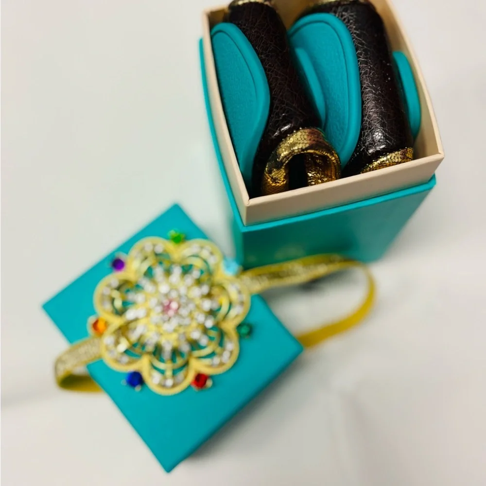 Tieks Metallic Gold Ballet Flats with Teal Accent, special holiday edition. - Picture 4 of 5